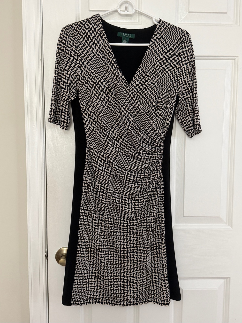 Ralph Lauren Black and White Ruched Wrap-Style Midi Dress